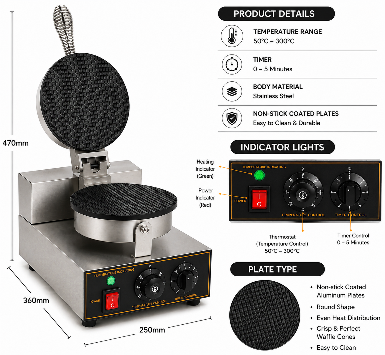 Electric Cone Waffle Maker machine 7 Inch Plate 4 Electric Cone Waffle Maker machine 7 Inch Plate