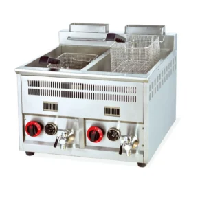 Gas Double Tank Deep Fryer 16×2 Liter With Oil Filter Tap Automatic Thermostat