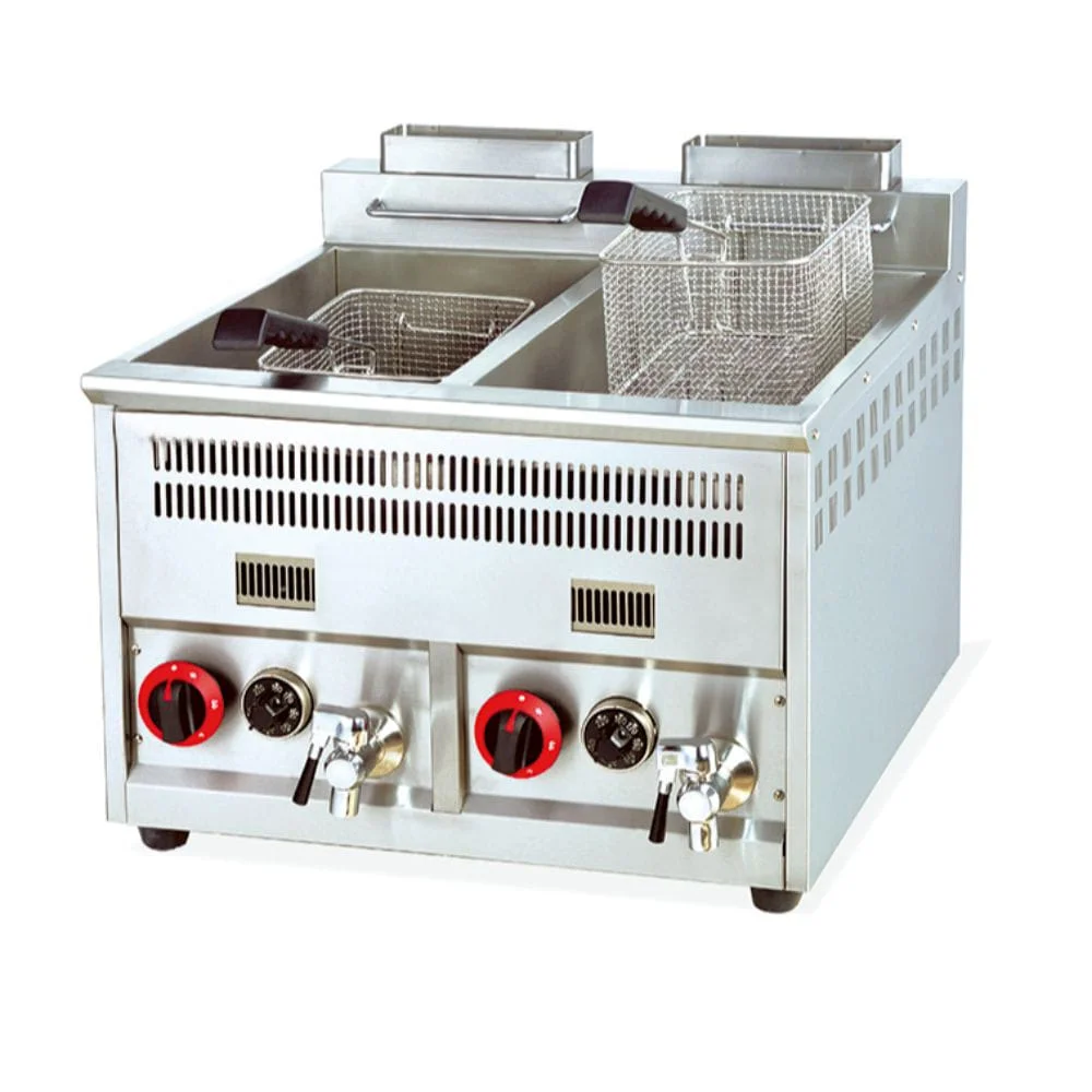 Gas Double Tank Deep Fryer 16×2 Liter With Oil Filter Tap Automatic Thermostat 1 Gas Double Tank Deep Fryer 16×2 Liter With Oil Filter Tap Automatic Thermostat